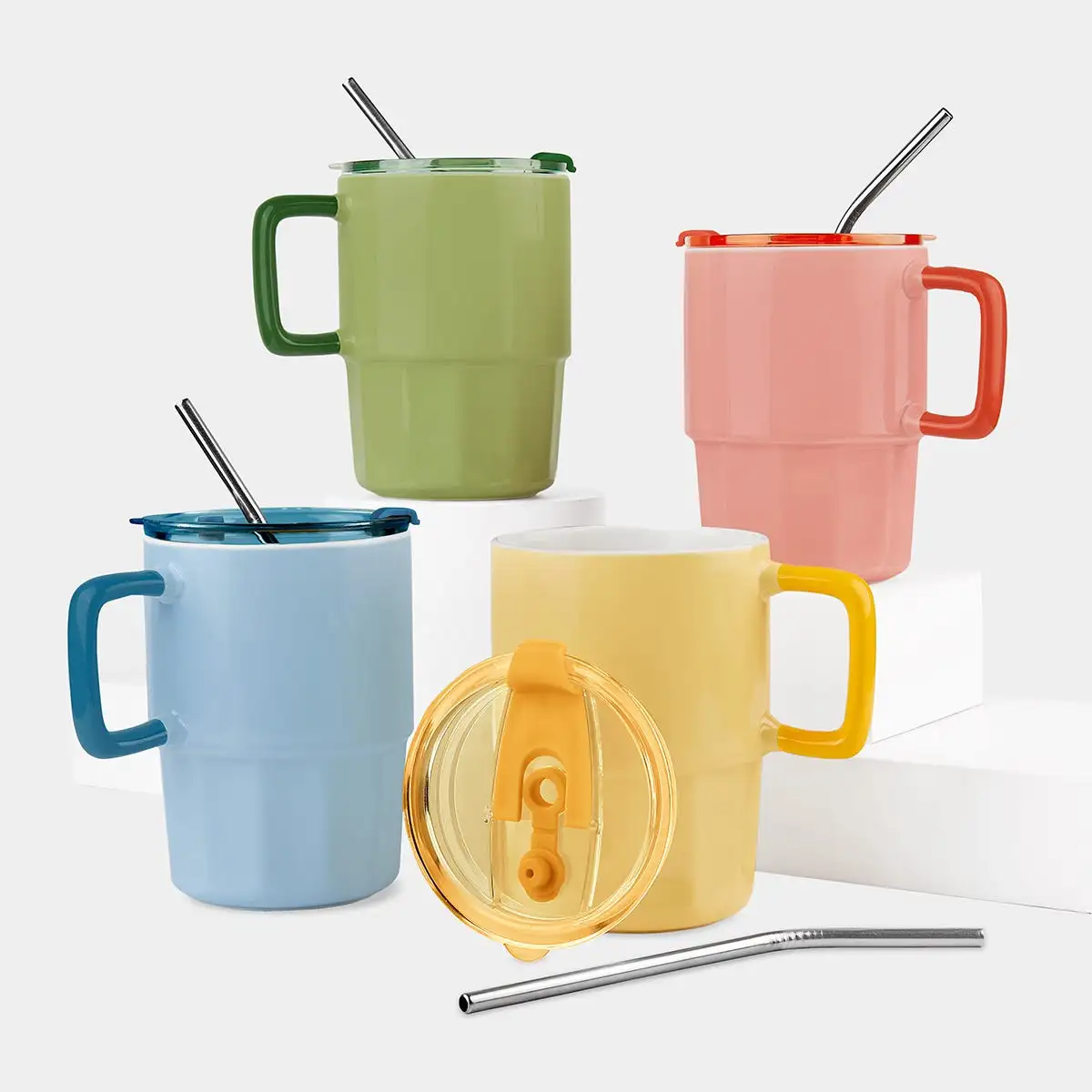 Taza CORALINE de Cerámica 16 oz con Popote Metálico
